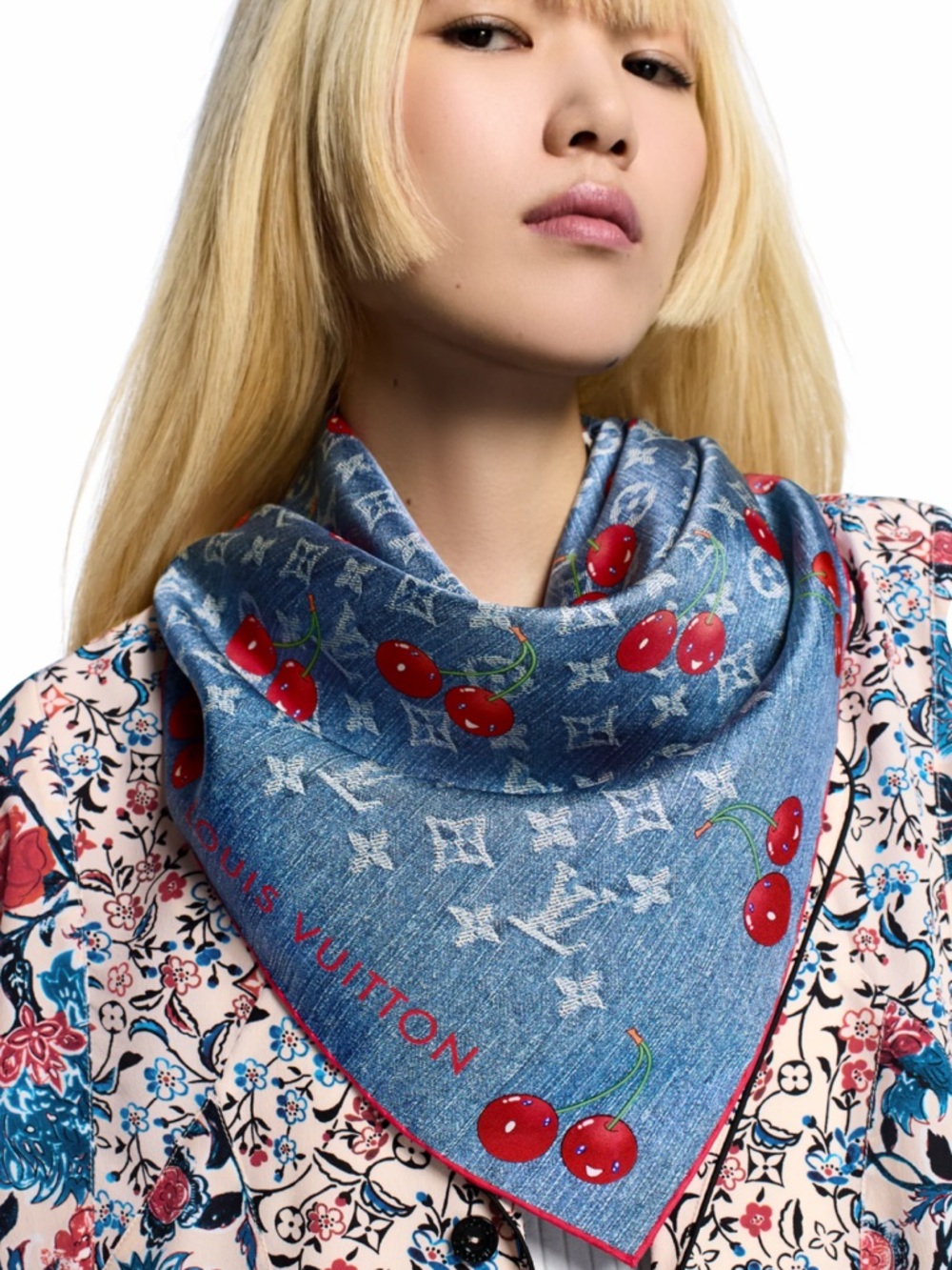 Louis Vuitton MURUKAMI Denim-Blue Cherry Monogram Silk Scarf